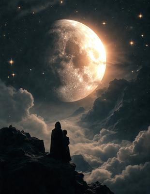The primary subject of the image is a man and a child standing on a rocky hill, looking at the moon. The setting is a nighttime sky with the moon prominently visible. The visual style is a digital art or illustration, creating a surreal and dreamy atmosphere. The colors are predominantly dark, with the moon being the main source of light, and the sky is filled with stars, adding to the overall mood of the scene.